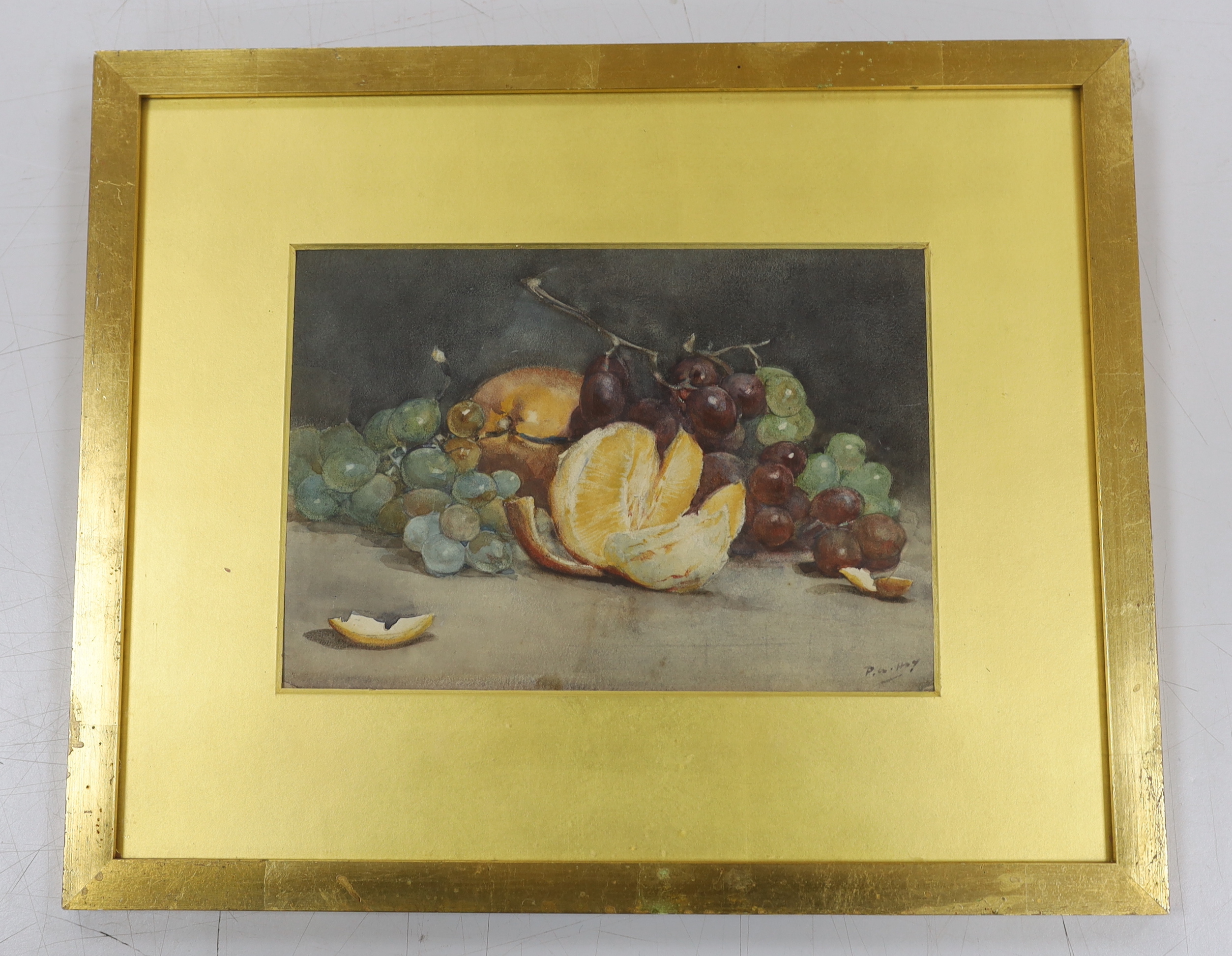 Peter Alexander Hay RA. (exh.1897), watercolour, Still life of fruit, signed, details verso, 18 x 24cm